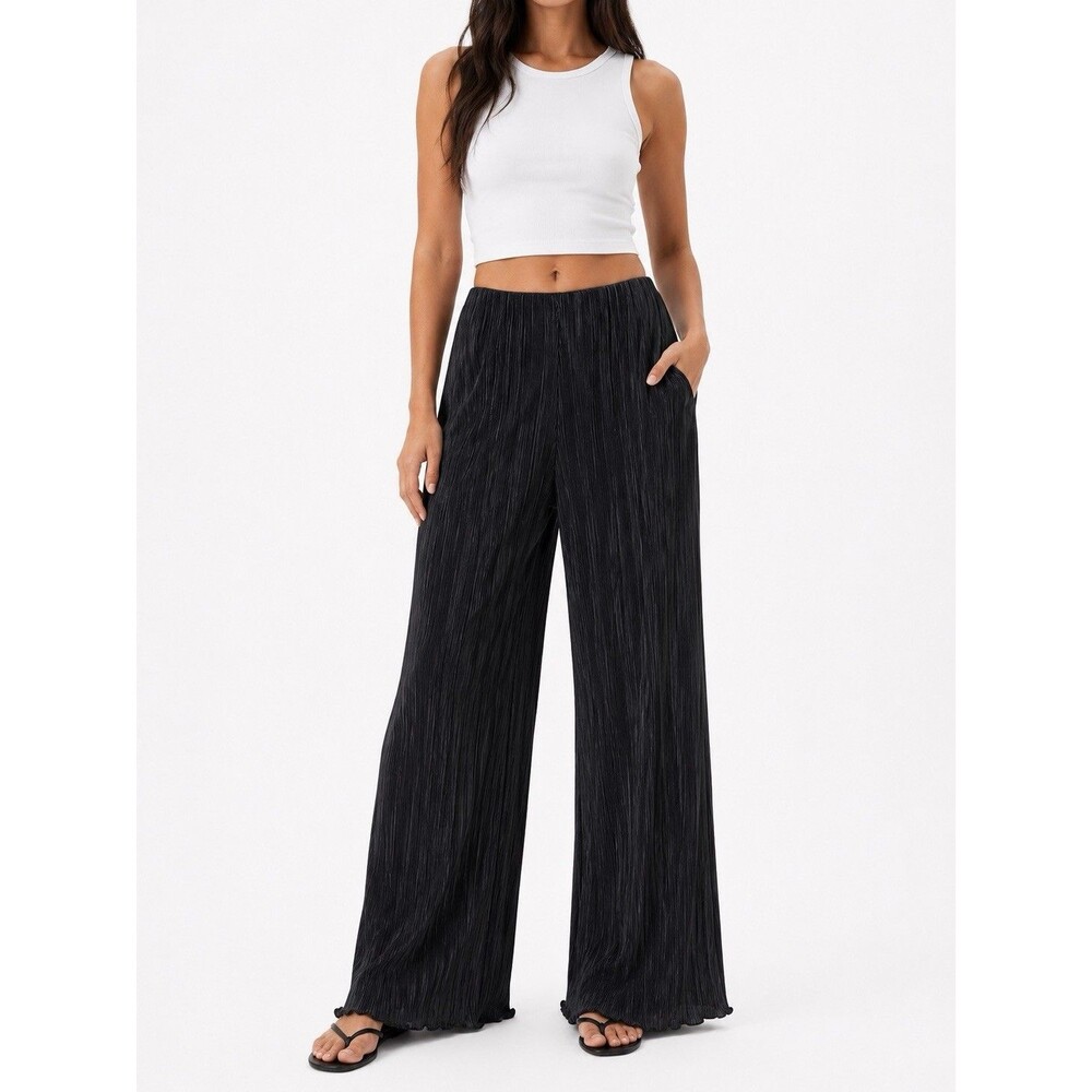 NWT JM Collection Women's Black Pleated Wide-Leg Pull-On Pants Size Large